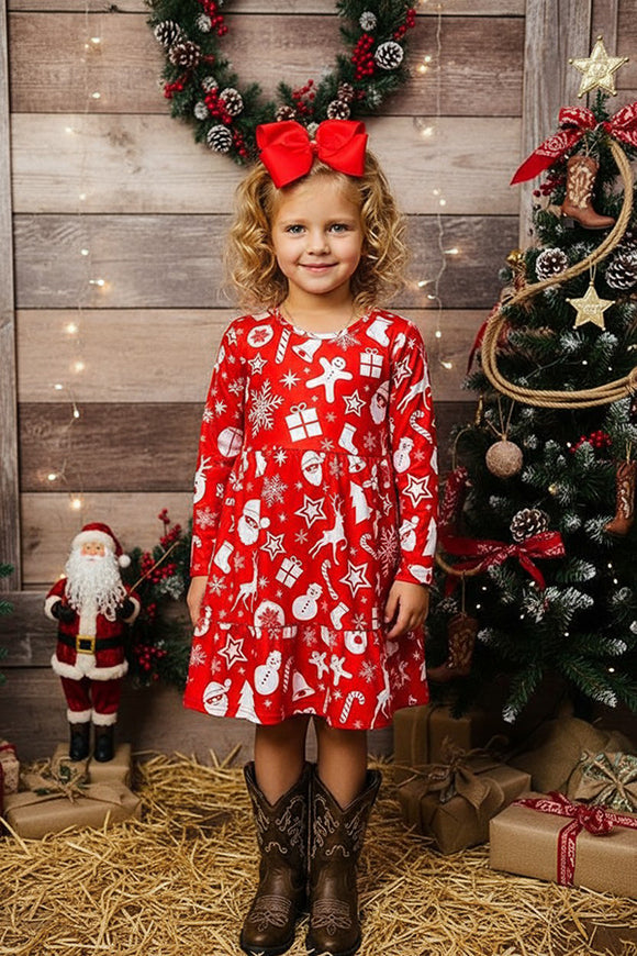 Christmas print long sleeve girls swirl dress A9S4 XCH0017-1H