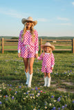 Pink checkered printed long sleeve top & shorts 2pc girls sets XCH04047 A9S1