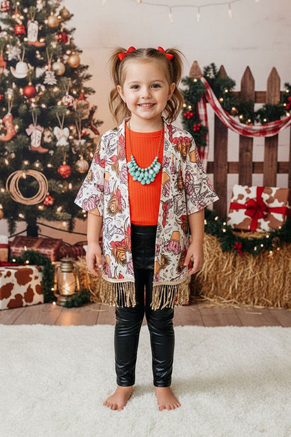 Cow western printed girls cardigan w/sequin fringe tassels DLH2545 (A11S4)