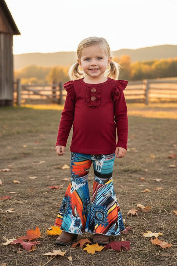 Burgundy long sleeve top & serape bell bottom 2pcs girls sets DLH2700 (A8S7)