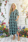 Western turquoise aztec print maxi women's dress with side slit XCH16816