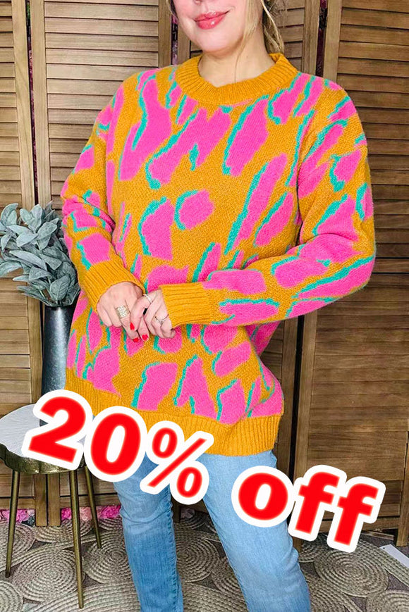 Pink/yellow/teal leopard knitted long sleeve women sweater MY13394
