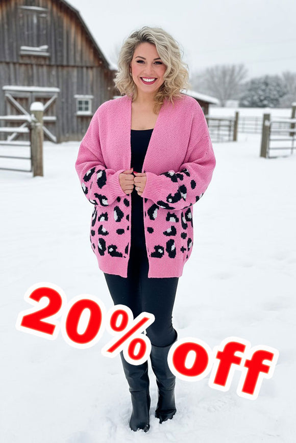Pink knitted leopard long sleeve women sweater/cardigan MY15400