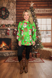 Christmas santa printed green long sleeve women shirt XCH16606