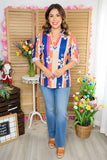 Stripe& flower printed 3/4 sleeve women top w/V-neckline BQ15682 FS6