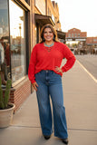 Plus size Red knit fabric lace patch long sleeve women blouse BQ15976 FS6