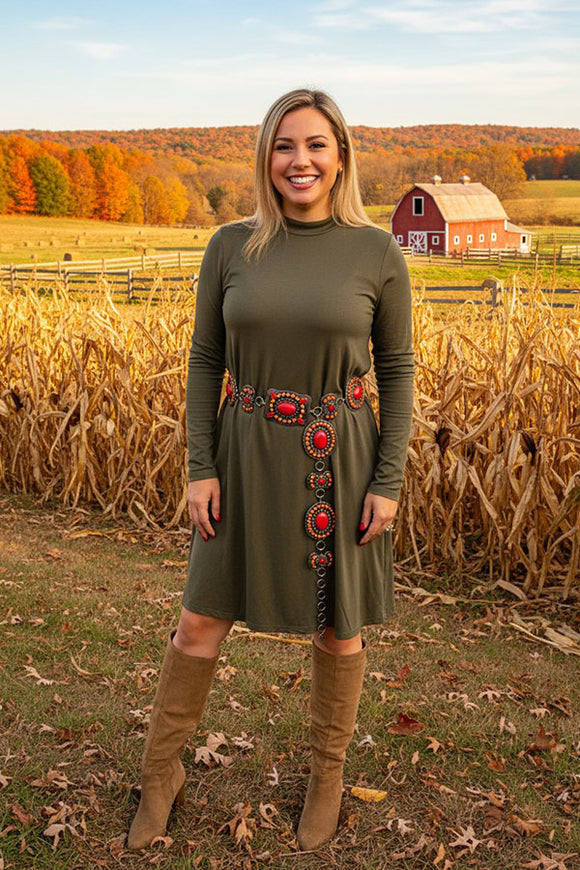 Solid olive green long sleeve dress w/pockets YMY11950-1 (AS15)