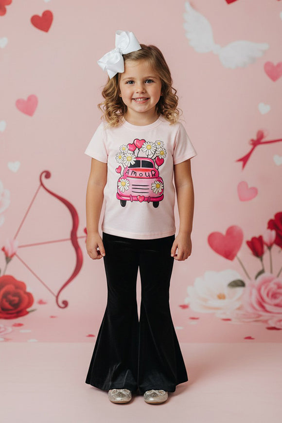 Cute AMOUR car & hearts print top & velvet black bell bottom 2pc girls sets DLH2591