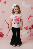 Cute AMOUR car & hearts print top & velvet black bell bottom 2pc girls sets DLH2591