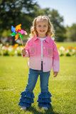 Pink wahsed denim cost with rhinestone fringe long sleeve girls coat DLH2623 A11S5