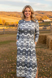 Western aztec printed 3/4 sleeve maix women dress w/slit GJQ15566