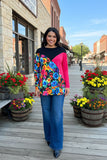 Floral & black & fuchsia color block long sleeve women blouse XCH13960 HS1