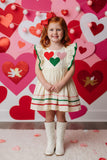 Red pink green hearts & green pompoms cream girls dress DLH2886 A8S4