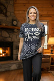 XCH14181 "Rodeo Road Trippin" words&paisley white printed short sleeve black women top (GS6)