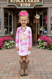 DLH2653 COWGIRL embroidery pink tie dye knit cotton long sleeve girls dress (A1S7)