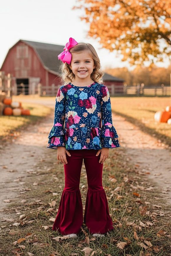 Floral long sleeve top burgundy bell bottom girls sets XCH0013-14H (A8S7)