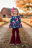 Floral long sleeve top burgundy bell bottom girls sets XCH0013-14H (A8S7)