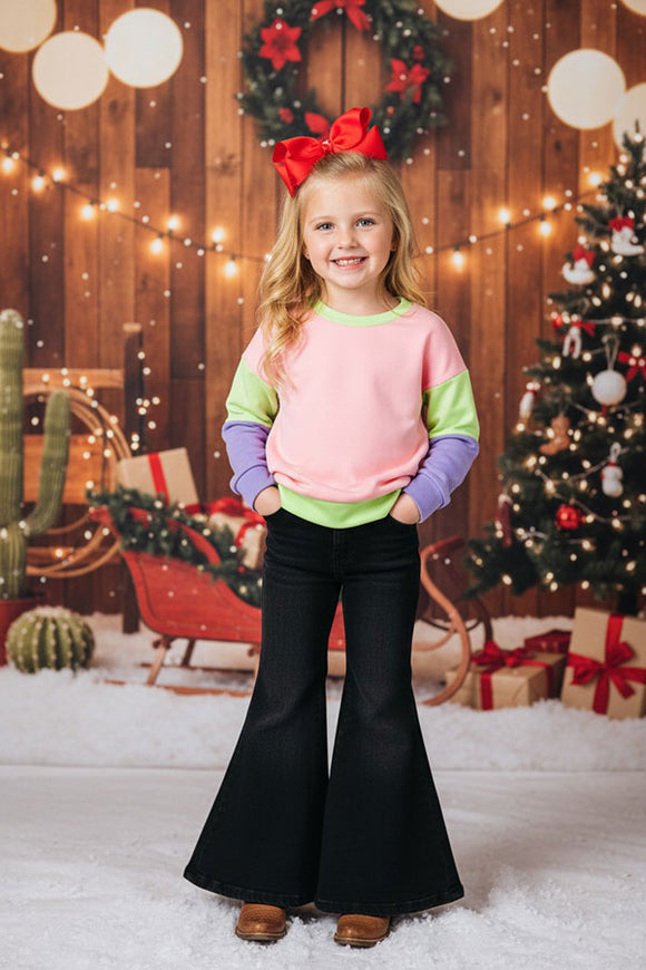 Pink & Lime green & lavender color block long sleeve girls sweatshirt BQ2419 (A7S6)