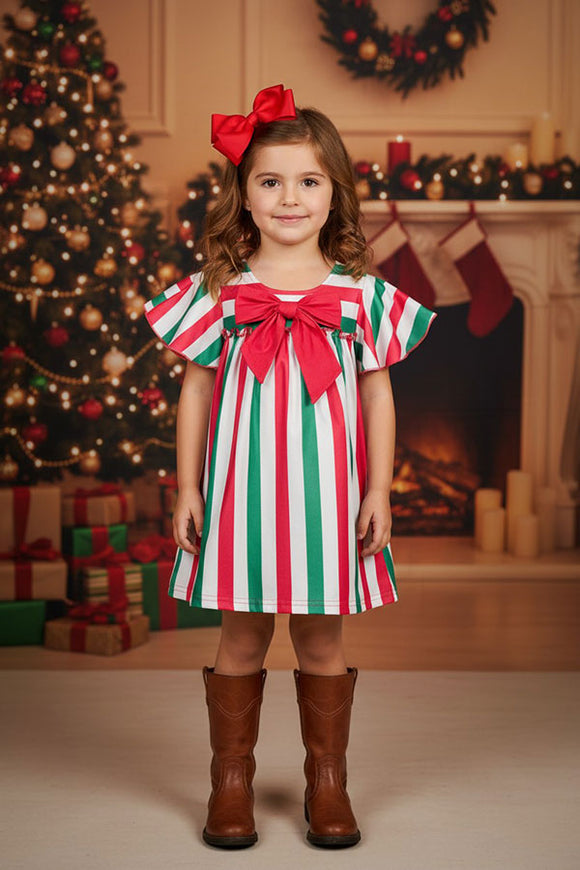 Shop girls dress Red whtie green stripes printed & ruffle short sleeves XCH03027 (A2S3)