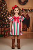Shop girls dress Red whtie green stripes printed & ruffle short sleeves XCH03027 (A2S3)