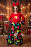 Christmas trees prints red top bell bottom girls clothing sets DLH0824-2 A9S6
