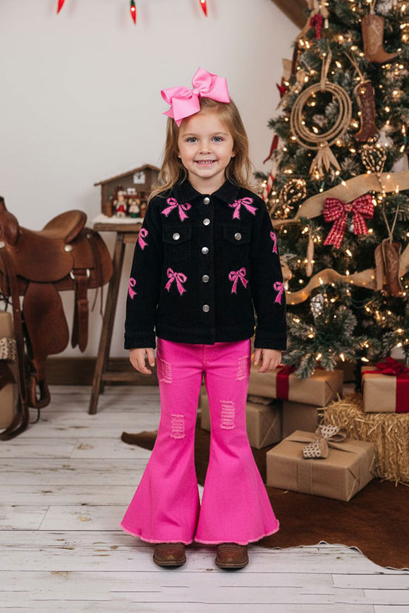 Pink sequin bow black corduroy long sleeve girls jacket XCH03032