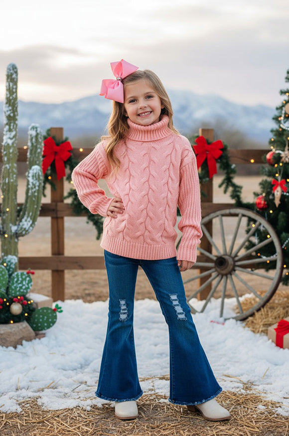 Pink long sleeve knitted girls sweater w/turtleneck DLH2537 A15S3