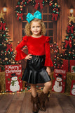 Red velvet ruffle sleeve top & leather skirt girls outfit sets DLH2635 (A5S4)