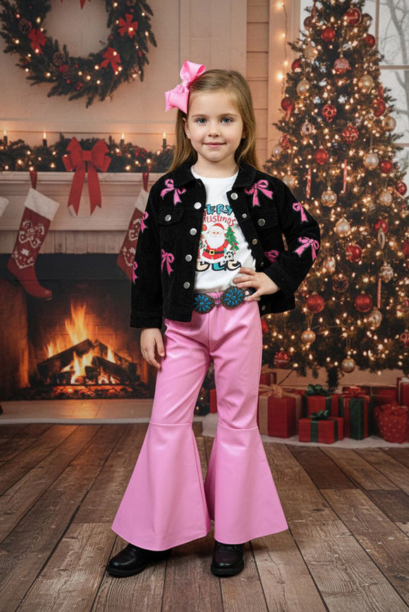 Solid pink leather girl bell bottoms pant 1118WY