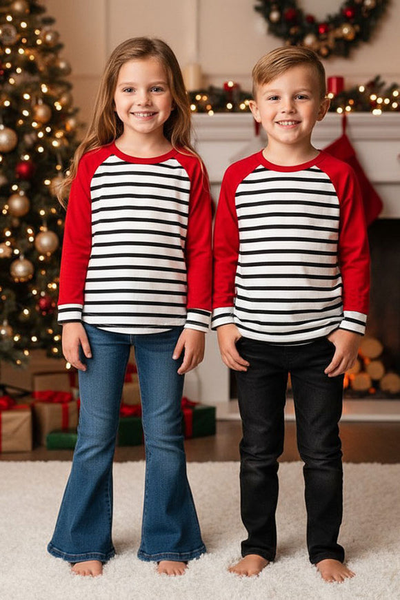 BQ2407 Mom and me knitted striped & red raglan long sleeve unisex children top (A7S8)