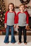 BQ2407 Mom and me knitted striped & red raglan long sleeve unisex children top (A7S8)