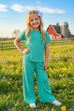 Ribbed knitted fabric turquoise top & pant 2pc girls sets XCH04010 (A7S4)