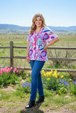 BQ15864 Mint&fuchsia floral multi color printed short sleeve women tops (FS1)