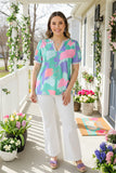 XCH15900 Multi color printed V-neckline short sleeve women top w/trim FS3
