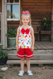 Girls clothing sets wholesale Flower & fruit prints top & red shorts 2pc kids sets DLH2878 (A8S9)