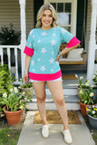 Blue w/white stars print short sleeve w/fuchsia trim women top GJQ9799-2 FS13