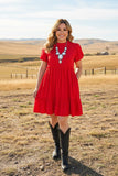 Women dress wholesale red tiered w/ruffle & pockets and puff sleeves BQ15874 (BS9)