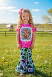 DLH2735 Pink short sleeve top bell bottom printed pant 2pcs girls set (A5S3)