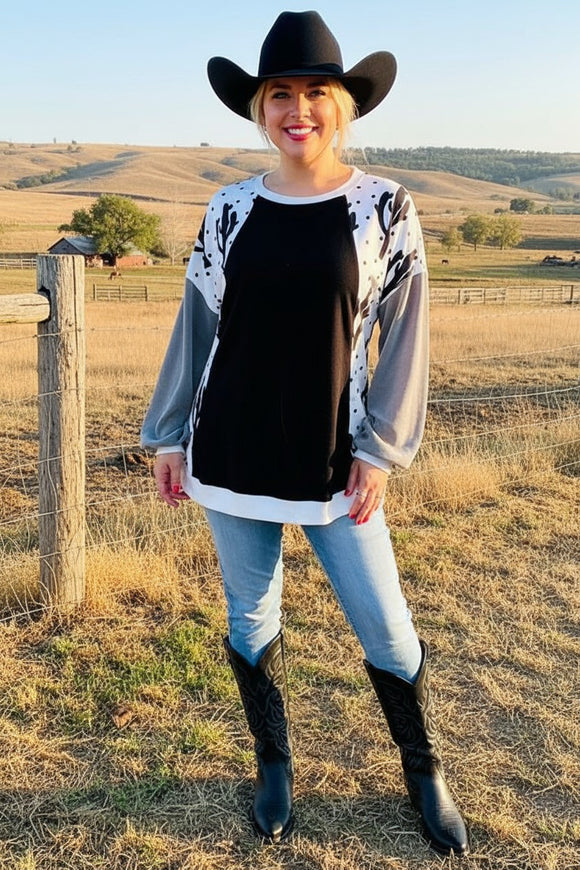 Cactus & dots & fleece grey raglan long sleeves black women blouse BQ15021 IS22