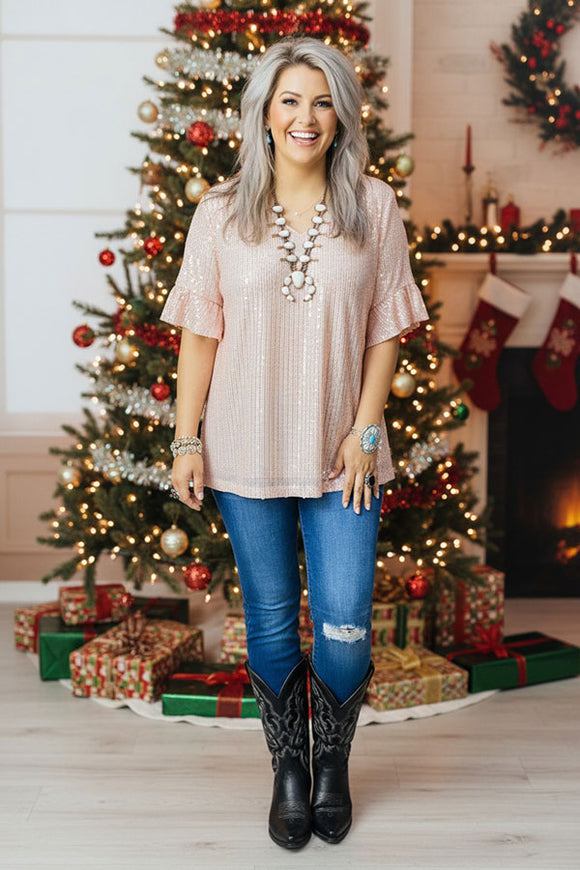 Shop Pink sequin w/ruffle short sleeve women blouse XCH15277-1 (ES10) FS7