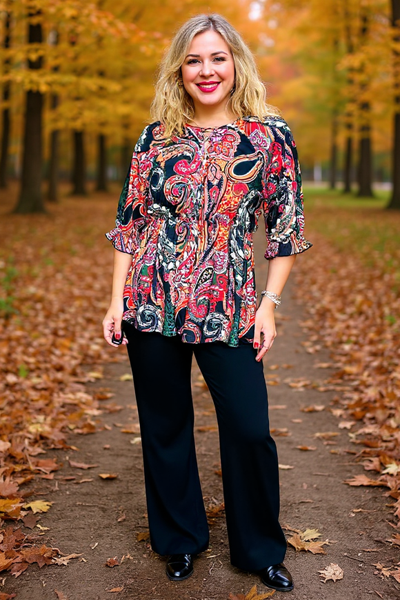 Western plus size paisley printed 3/4 sleeve women top w/criss cross neckline GJQ16384(ES9)