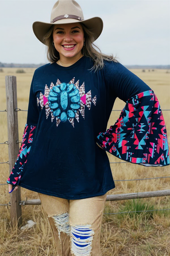 Aztec ruffle bell long sleeve jewel & leopard printed navy women tops XCH14655(BS9)