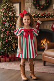 Shop girls dress Red whtie green stripes printed & ruffle short sleeves XCH03027 (A2S3)