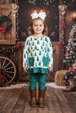 Hunter green trees & polka dots 2pc ruffle set XCH0015-24H A3S5