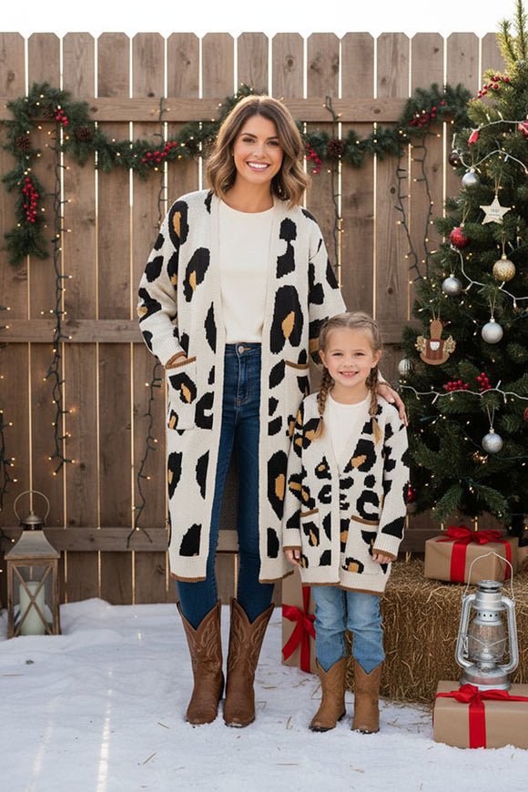 Mom and me leopard knitted open long style girls cardigan/sweater 240607M (A11S1)