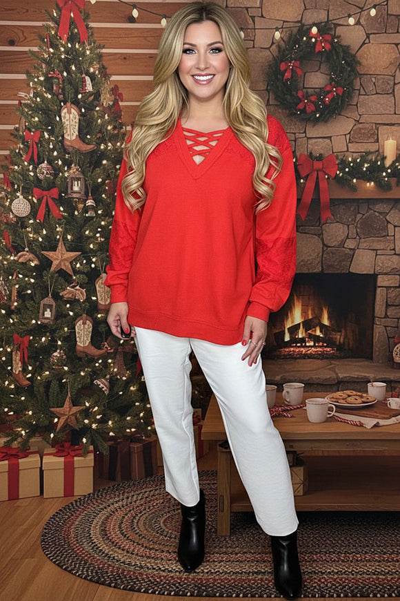 Red knit fabric lace patch long sleeve women blouse w/criss cross neckline BQ15976 FS6