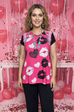Heart & lips printed color block short sleeve women top XCH14675