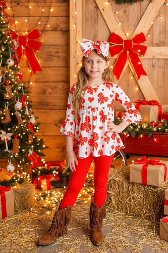Red hearts & bows printed ruffle sleeve top &  legging 3pc girls sets XCH06001