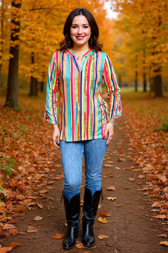 Buy Multi color serape printed long sleeve women's blouse w/v-neckline BQ16177 CS11F