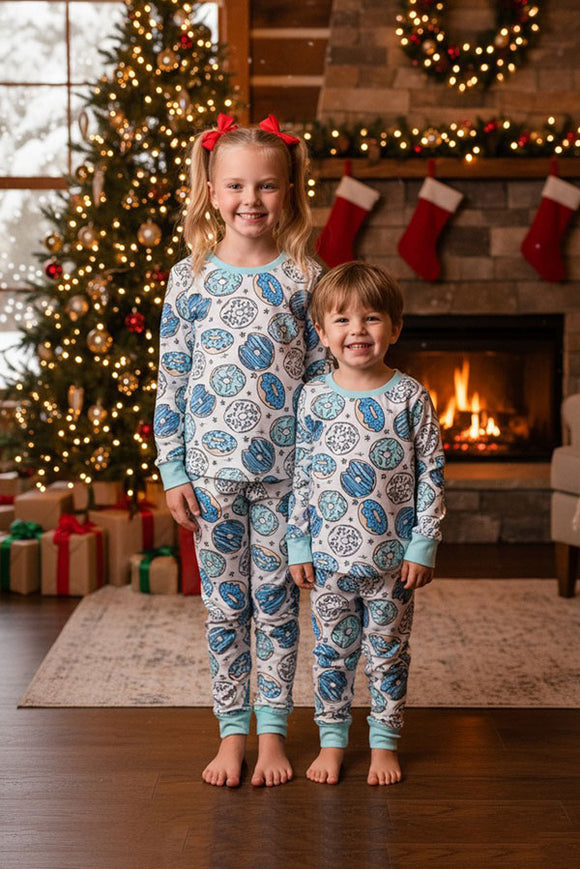 Blue donuts printed unisex children's 2pc pajamas sets DLH2861 A15S1